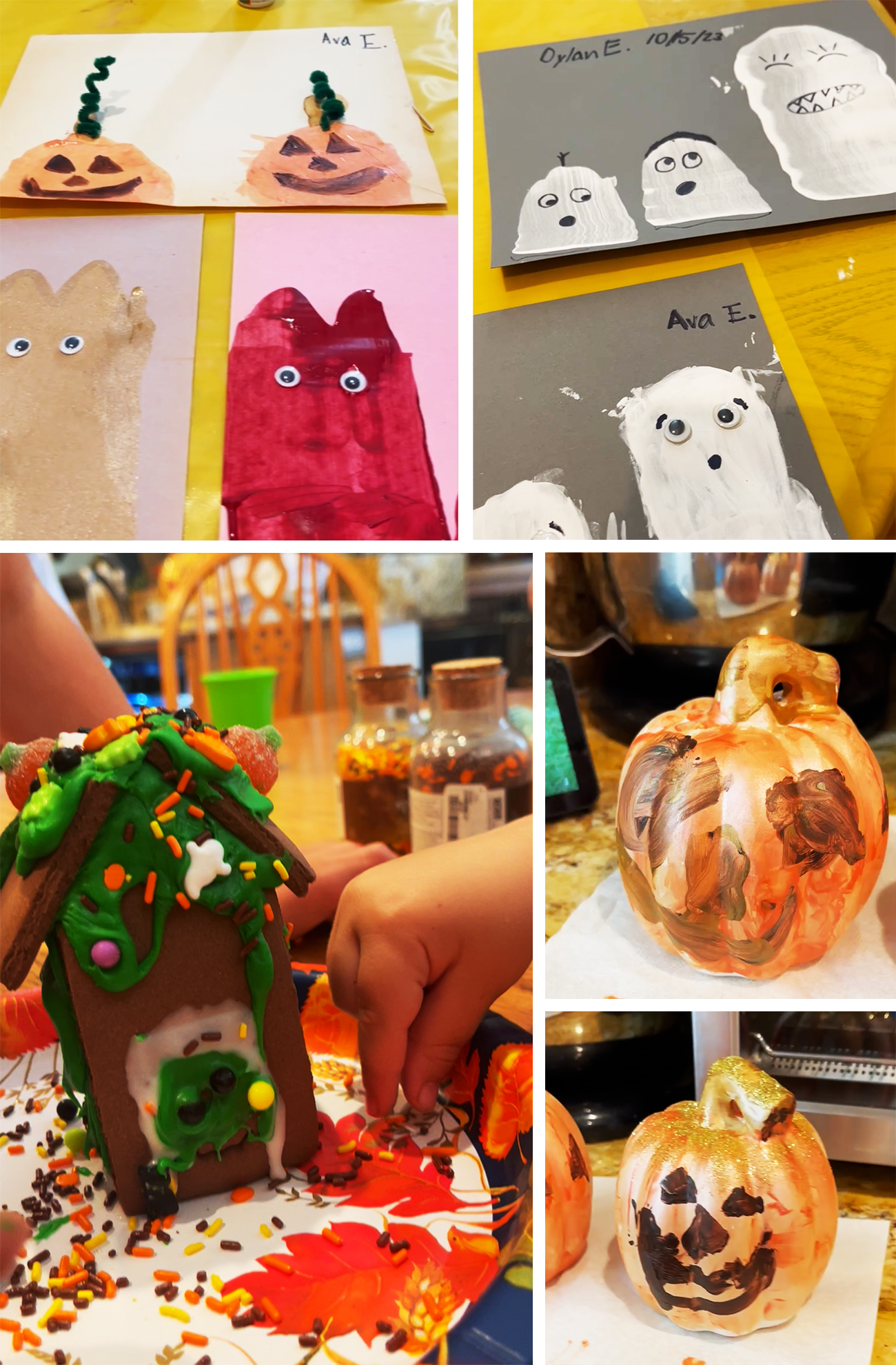 Halloween Crafts, Ghost paintings, Kids Activities, Pumpkins, Haunted Gignerbread Houses